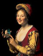 Gerard van Honthorst Smiling Girl, a Courtesan, Holding an Obscene china oil painting artist